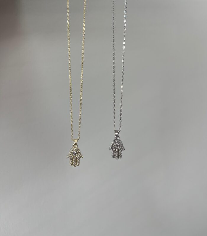 Süslü Jewellery Fatma Ana Eli motifli çelik kolye – zirkon taşlı altın ve gümüş renk kadın kolye modeli