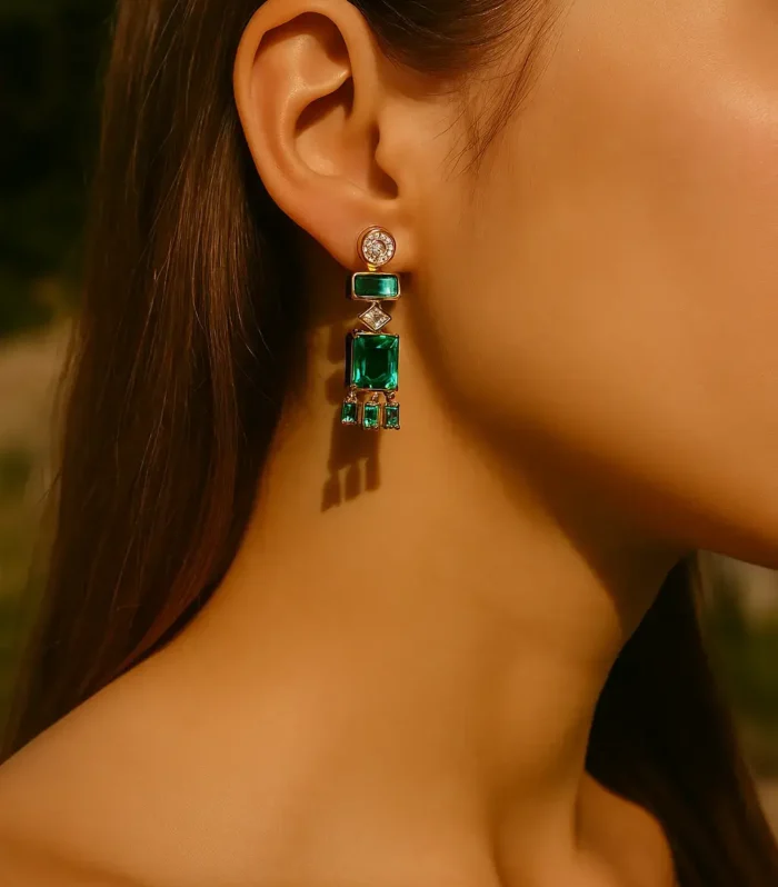 Zümrüt Düşü Küpe – Süslü Jewellery yeşil taşlı altın renk lüks çelik küpe modeli